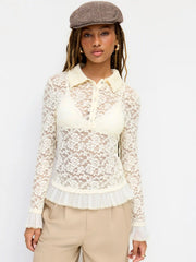 Lace Collar Floral Ruffle Hem Bell Sleeve See-through Top