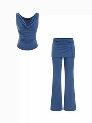 Cowl Neck Ruched Sleeveless Top & Low Rise Layered Flared Trousers Set