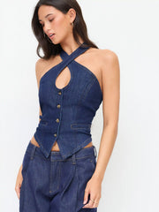 Washed Denim Halter Neck Cut Out Criss Cross Button Shirred Top