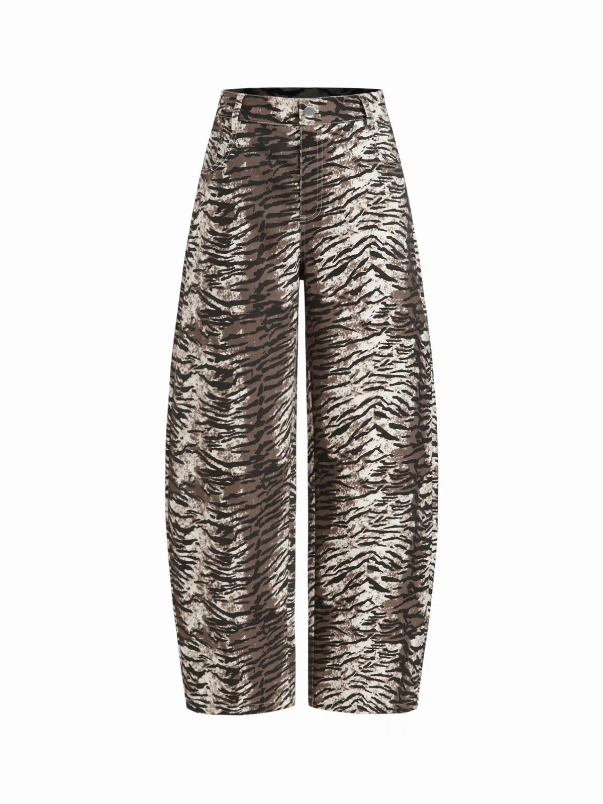 Cotton-blend Mid Rise Zebra Striped Print Barrel-leg Trouser