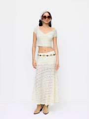Lace Off-Shoulder Crop Top & Mid Rise A-line Maxi Skirt Set