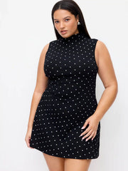 Cotton-blend Polka Dot Asymmetrical Neckline Ruched Mini Dress Curve & Plus