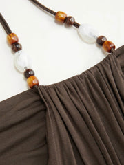 Halter Neckline Beaded Draped Long Sleeve Top