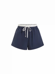 Cotton Mid Rise Color-Blocking Ruffled Waist Shorts