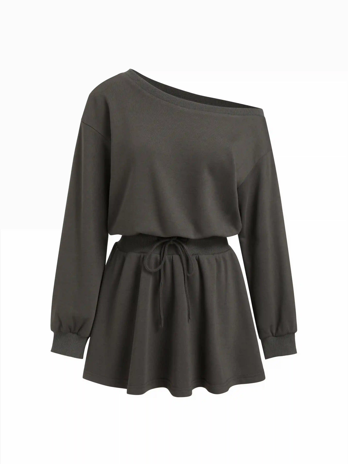 Asymmetrical Neck Drawstring Cinched Waist Flared Mini Dress