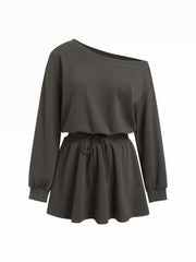 Asymmetrical Neck Drawstring Cinched Waist Flared Mini Dress