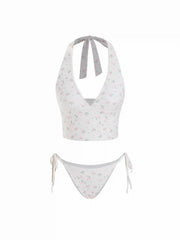 Halter Neckline Floral Tankini Tie Side Bikini Set