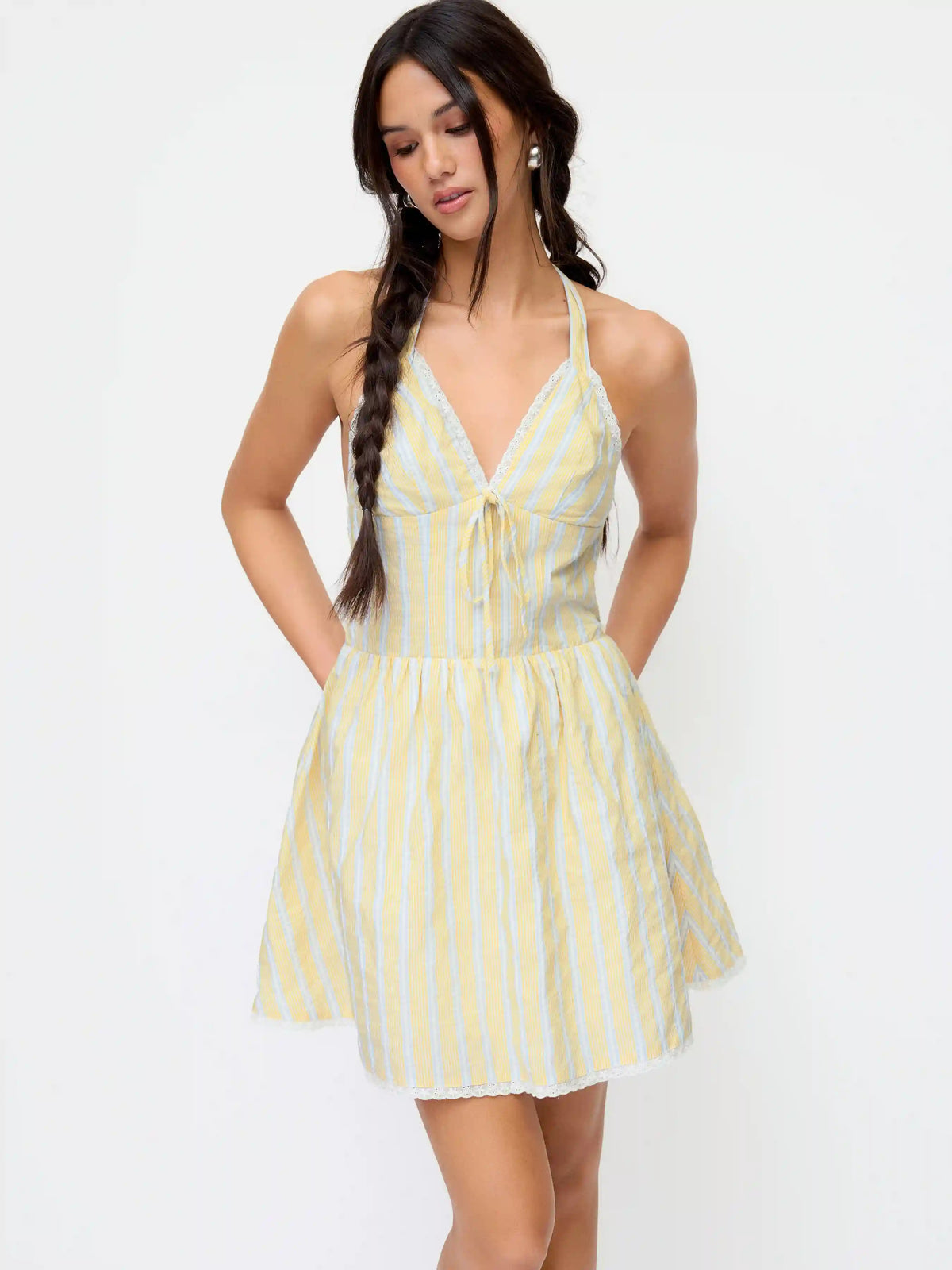 Cotton-blend Striped Sweetheart Neck Lace Trim Backless Flared Mini Dress