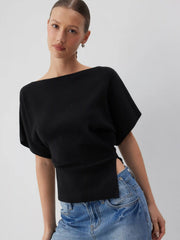 Knit Boat Neck Asymmetrical Hem Spilt Batwing Sleeve Top