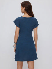 Textured V-neck Ruffle Sleeve Knotted Ruched A-line Mini Dress