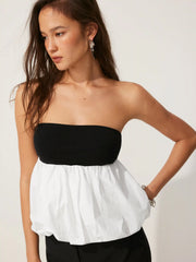 Cotton Color-Blocked Bubble Hem Crop Top