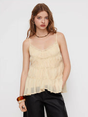 V-neck Lace Trim Asymmetrical Hem Ruched Oversized Cami Blouse
