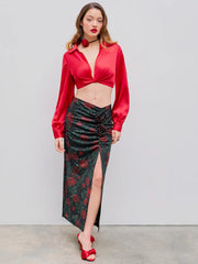 V-neck Solid Twist Long Sleeve Crop Shirt