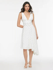 Cotton V-Neck Polka Dot Asymmetrical Hem Ruched Flared Midi Dress