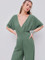Linen-blend V-neck Solid Corset Middle Sleeve Pocket Jumpsuit