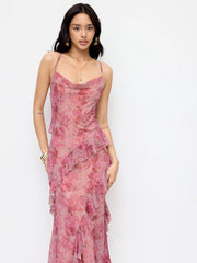 Mesh Floral Cowl Neck Ruffled Mermaid Maxi Dress