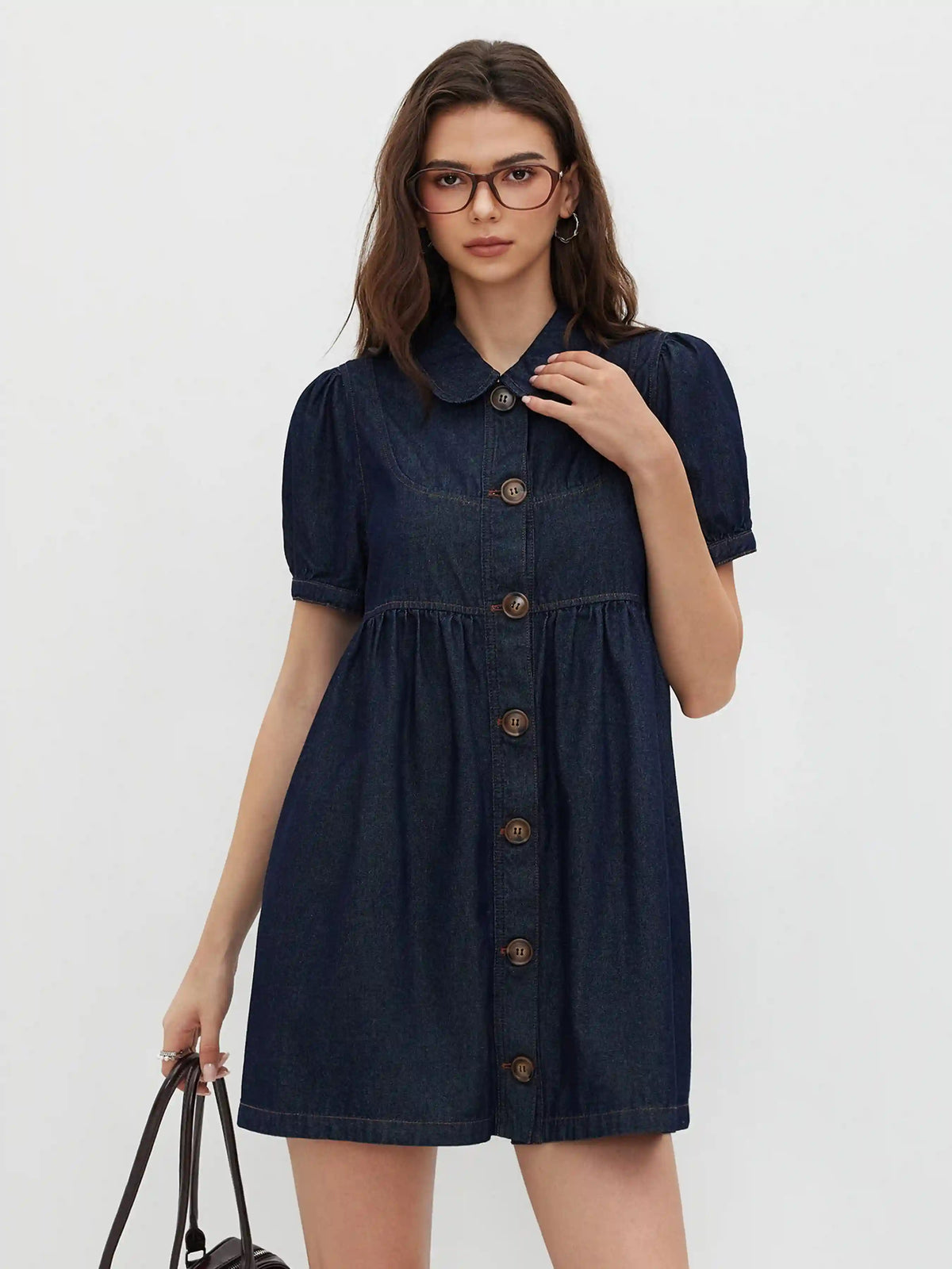 Denim Peter Pan Collar Button Puff Sleeve Mini Babydoll Dress