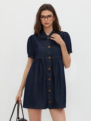 Denim Peter Pan Collar Button Puff Sleeve Mini Babydoll Dress