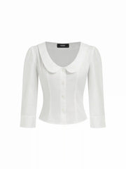 Cotton-blend Peter Pan Collar Middle Sleeve Blouse