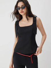 Linen-blend Square Neck Bowknot Blouse