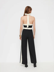 Two Tone Halter Neckline Wide Leg Jumpsuit With Belt
