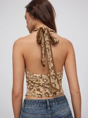 Lace Floral Jacquard Halter Neckline Bowknot Top