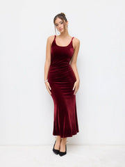 Velvet Scoop Neckline Ruched Maxi Dress