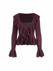 Knit Mohair-blend V-neck Long Sleeve Tie Front Ruffle Split Cardigan
