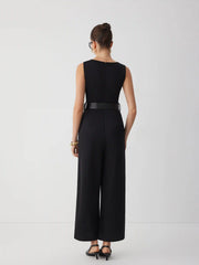 Boat Neck Metal Detail Mid Rise Wide Leg Jumpsuit With Belt