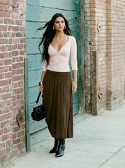 Mid Rise Cocoon Ruched Pleated Midi Skirt