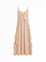 Chiffon V-neck Lace Trim Ruffled Straight Maxi Dress
