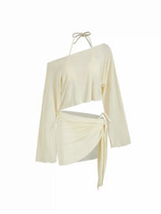 Halter Neckline Triangle Tie Side Bikini Set With Cover Up Set