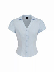 Cotton-blend Puff Sleeve Slim Crop Blouse