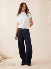 High Neck Button Detail Short Sleeve Blouse