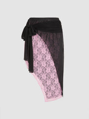 Middle Waist Lace Floral Bowknot Asymmetrical Midi Skirt