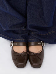 SQUARE TOE BOWKNOT DECOR BUCKLE MARY JANE FLATS