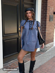 Cotton-blend Peter Pan Collar Plaid Lace Trim Puff Sleeve Knotted Mini Dress