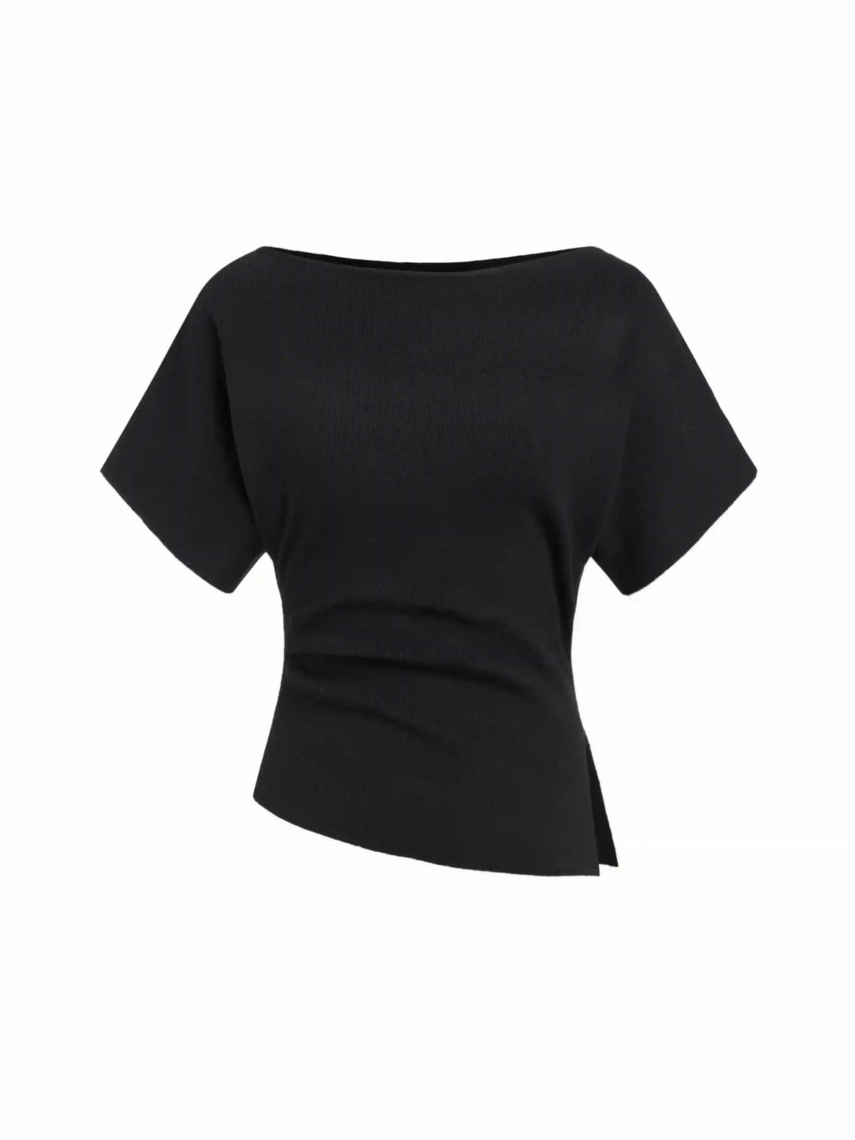 Knit Boat Neck Asymmetrical Hem Spilt Batwing Sleeve Top