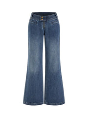 Denim Low Rise Button Detail Wide Leg Jeans