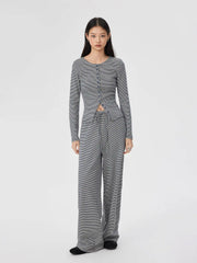 Striped Round Neck Top & Mid Rise Drawstring Wide Leg Trousers Set