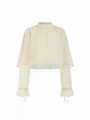 Chiffon Stand Collar Layered Ruffle Sleeve Sheer Crop Blouse