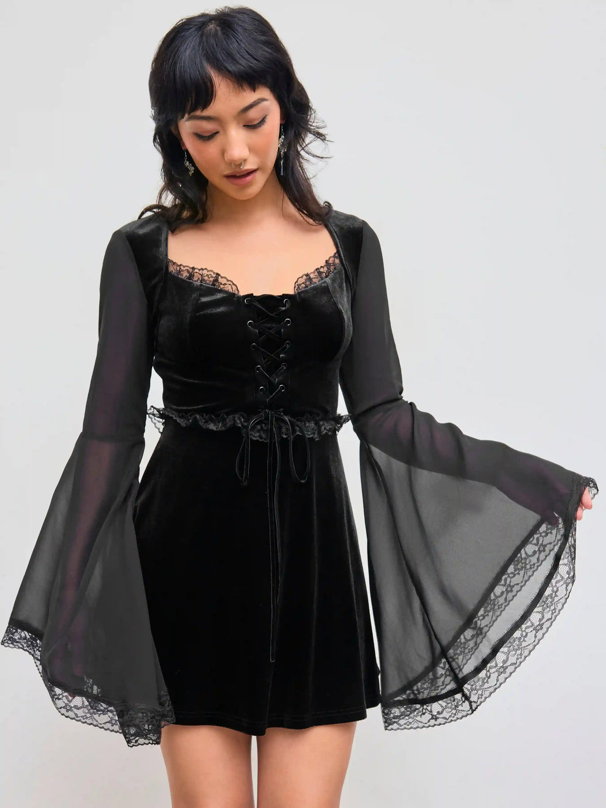 Velvet Square Neck Solid Lace Up Bell Sleeve Mini Dress