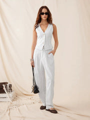Linen-blend V-neck Striped Sleeveless Top & Mid Rise Tapered Trousers Set