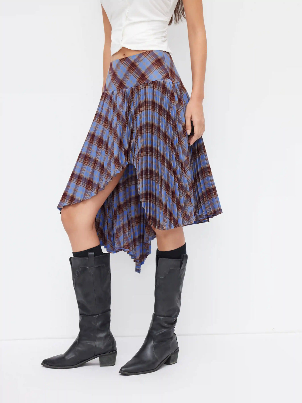 Plaid Mid Rise Asymmetrical Hem Pleated Midi Skirt