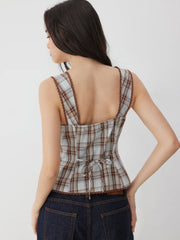 Plaid Square Neck Knotted Crop Top