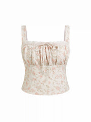 Floral Jacquard Square Neck Bowknot Shirred Tank Blouse Curve & Plus