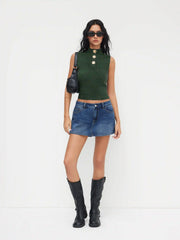 Wool-blend Knit High Neck Metal Button Tank Top