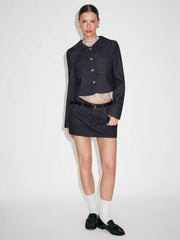 Washed Denim Peter Pan Collar Floral Metal Button Oversized Jacket
