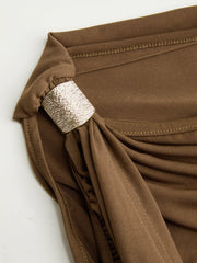 Asymmetrical Neck Solid Ruched Ruffle Hem Crop Top