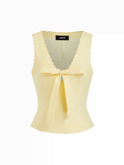 Linen-blend V-neck Bowknot Scalloped Trim Tank Blouse